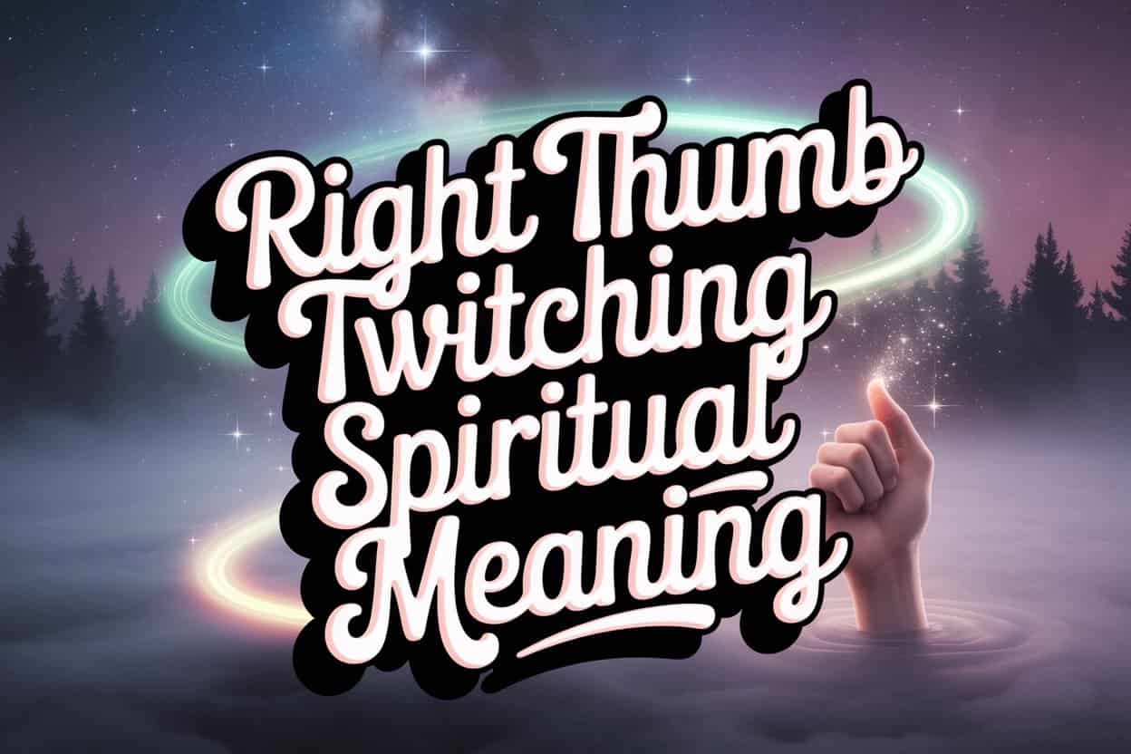 captivating 3D artwork presents a mystical night scene. The title "Right Thumb Twitch Spiritual Meaning" is centrally placed in a playful, handwritten font. Behind the title, a softly illuminated hand with a subtly twitching right thumb emerges from a foggy, star-filled night sky. Ethereal wisps of aurora-like light emanate from the hand, blending with the cosmic backdrop. The scene evokes a sense of mystery and insightful discovery under a starlit, spiritual sky.