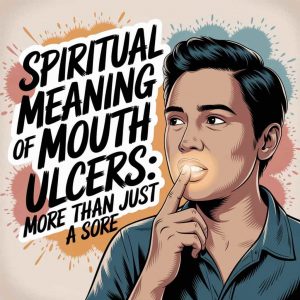 A person with a thoughtful expression gently touches their mouth with their index finger, a soft, warm light emanating from within their lip, hinting at a hidden message. The title "Spiritual Meaning of Mouth Ulcers: More Than Just a Sore" appears in dynamic, handwritten typography with thick, colored outlines, playfully splashed with warm hues, positioned above and slightly to the side of the figure. Warm color splashes and softly focused abstract shapes suggestive of thoughts and emotions surround the person, adding a modern flair to the vintage charm of the design.